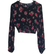 NWT Zara Cropped Top Women's Sz S Black Floral Knotted Long Sleeve Side Zip
