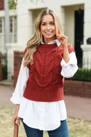 Cupshe Brown Cable Knit Cap Sleeve Sweater Top - Brown,XL