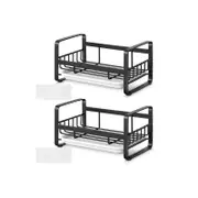 2Pcs Kitchen Sink Stainless Steel Sponge Holder With Brush Rack Removable Drain Tray-Black