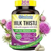 Surebounty Organic Milk Thistle, 9000 mg Equivalent, 30X Concentrated Seed Extract with 80% Silymarin, Liver Cleanse Detox for Men + Women, Glutathione Antioxidant Support, Once Daily, 90 Veggie Caps