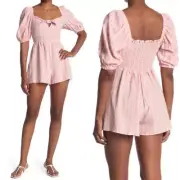 Topshop pink & white Romper Women 4 Check Tie Bow Front Peasant Casual short