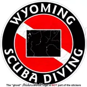 WYOMING SCUBA DIVING Flag-Map Shape USA Circular Vinyl Sticker, Decal 100mm (4")