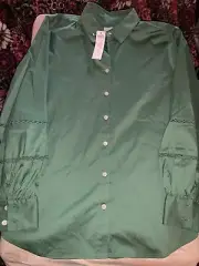 NWT Chico’s SZ 3 /XL/16-18/Envy Green Button Poplin Billow 3/4 Sleeve Shirt
