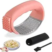Stainless Steel Garlic Press Rocker, 1Pc Garlic Mincer Crusher Press Rocker with Silicone Peeler Roller Tube, Stainless Steel Garlic Mincer Crusher Kitchen Gadgets Garlic Chopper, Pink