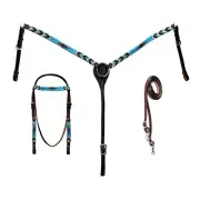 western Leather Equestrian Tooled Beaded Headstall,Breast Collar & Reins. (H050)