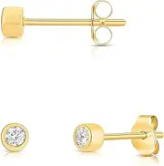 [Art and Molly] 14k Solid Gold Round Tiny Studs With Solitaire Small 2mm Cubic Zirconia Bezel Setting Earrings