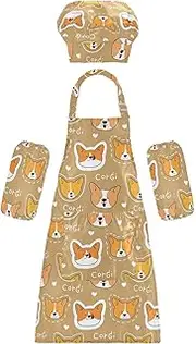 AIXIWAWA Kids Apron Chef Hat Set, Child Kitchen Bib Aprons Adjustable for Cooking Baking Painting (Cartoon Dogs Face)