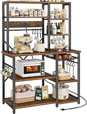 SUPERJARE Large Bakers Rack with Power Outlets, 6-Tier Microwave Stand, Coffee Bar with 12 S-Shaped Hooks, Kitchen Shelf with Wire Basket, 39.3 x 15.5 x 66.9 Inches, Rustic Brown