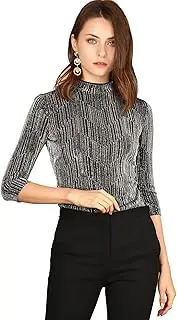 [Allegra K] Women's Party Glitter 3/4 Sleeve Shiny Striped Metallic Tops