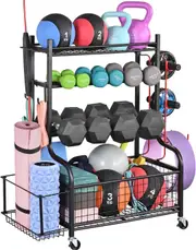 Home Gym Dumbbell Rack with Wheels and Hooks for Fitness Storage