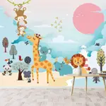 卡通動物世界海邊風景照片壁紙兒童房臥室沙發牆幼兒園背景牆壁畫牆紙3D