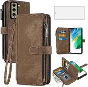 [Asuwish] Phone Case for Samsung Galaxy S21 FE 5G Wallet Cover with Tempered Glass Screen Protector and Leather Flip Card Holder Cell Accessories S 21 EF S21FE5G UW S21FE 21S G5 6.4 inch Women Men Brown
