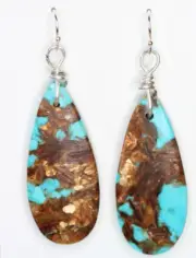 Bronzite Turquoise Blue Teardrop Gemstone .925 Sterling Silver Earrings 2 1/4"