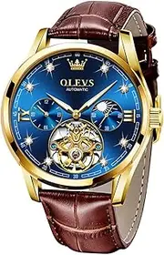 [OLEVS] Mens Leather Watches Automatic Mechanical Skeleton Tourbillon Diamond Luxury Self Winding Dress Wrist Watches Moon Phase Waterproof Luminous