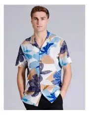 [Blaq] Byron Floral Print Short Sleeve Viscose Shirt in Blue