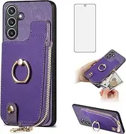 [Asuwish] Phone Case for Samsung Galaxy S23 FE 5G Wallet Cell Cover with Tempered Glass Screen Protector Ring Stand Card Holder S 23 EF S23FE 23S Women Men Girls Purple