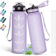 Water Bottle 1 Litre, Water Bottle with Straw, Sports Water Bottle with Time Marking, Drinking Bottle for Carbonated Drinks, Can Be Carried, Water Bottle for Fitness, Camping, Hiking, Purple