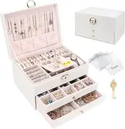 [Casiwaft] Jewellery Box, Jewellery Organiser with 2 Drawers, 3 Layers Leather Jewellery Storage Box with Lock, Jewellery Storage Case for Necklaces Earrings Bracelets and Rings, White