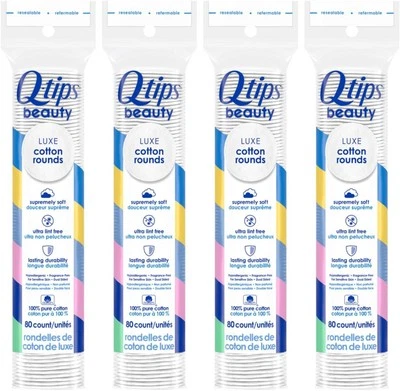 Q-Tips Beauty Luxe Cotton Rounds 80 Count 4-Pack ? Hypoallergenic Makeup Remover