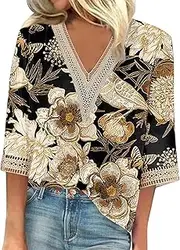 [Generic] Color Tee Shirts Women Lace Seven Quarter Sleeve Cuffs Lace Floral Print Loose Women's T Shirt Running Shirt Women Short Sleeve (C-AP, XL)
