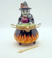 New French Limoges Trinket Box Halloween Witch in Cauldron Black Cat &Magic Wand