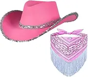 [Vseutiac] Cowboy Hat with Fringe Bandana, Cowgirl Hat, Sun Hat, Jazz Top Hat for Bridal Getaways, Vacation, Engagement Party, Costumes, Accessories