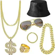 6 Pcs Hip Hop Costume Outfit Jewelry Set, 80s 90s Halloween Pyhot Hip Hop Costume Hip Hop Theme Outfit Costumes Rapper Accessories for Men Women