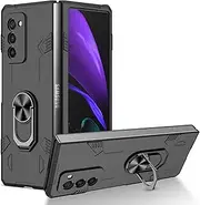 [YOUULAR] Folding Mobile Phone Case Compatible with Samsung Galaxy Z Fold 2 5G Metal Ring Holder, [Support Car Holder] UV Oily Spray Paint Shockproof Protective Phone Cover Military Cases Black