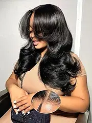 Real Hair Wig, Curtain Bangs, Face-Framing, Layered Loose Wave Human Hair Wig, 6 x 6 Precut Lace Front, Reay To Wear, Glueless Wig Human Hair for Black Women, 200% Density Wigs Women with Fringe, 30