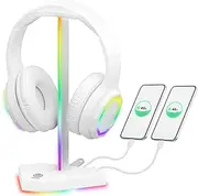 charlxee RGB Headphone Stand with 2 USB-C Charging Port and 1 USB Charging Port, Desk Gaming Headset Holder with 7 Light Modes and Non-Slip Rubber Base Suitable for All Earphone Accessories (White)