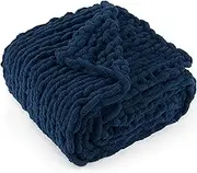 LONG CREATE Chunky Knit Throw Blanket 60"X 80", 100% Handmade with Soft Chenille Yarn, 6.7lbs Thick Cable Knitted Blankets, Large Rope Knot Crochet Throws for Couch Sofa Bed Home Decor, Navy Blue