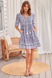 Leah Paisley Print Blue Button Front Smock Dress