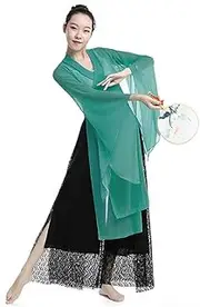 [BooW] Women's Classical Dance Costume Sheer Flowy Hanfu Top Side Split Wide Leg Pants Chinese Folk Dance Wear
