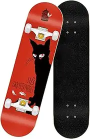 Sports Adult Skateboard, (Black Cat Pattern) 31-inch Seven-Layer Maple Professional Action White-Wheel Skateboard for Professional Skateboarders
