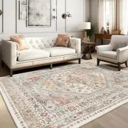 6x9 Area Rug, Super Soft Washable Rugs for Living Room, Non-Slip Stain Resistant Vintage Rugs, Ultra-Thin Large Area Rugs Orange,6x9