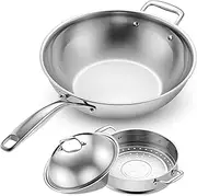 LEGEND COOKWARE Stainless Steel 3 Piece Wok Set | 5 Ply Wok, Induction, Non-Toxic, Oven Safe | Best 18/8 Full Clad | Professional Kitchen Cooking, Heavy Chef Quality | PFOA, PTFE & PFOS Free