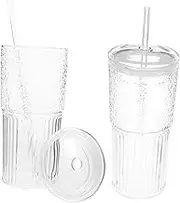 VERDANVERSE 2Pcs Glass Tumbler with Straw Lid Versatile Beverage Cup for Tea Juice Milk Coffee for Home Restaurant Cafe Use