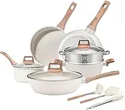XIULIUU 12Pcs Pots and Pans Set, Nonstick Cookware Sets, White Granite Induction Cookware Non Stick Cooking Set w/Frying Pans & Saucepans(PFOS, PFOA Free)