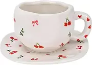 Cup and Saucer Set Ceramic Mug Cute Mug The Ideal Office Coffee Mug Dishwasher and Microwave Safety 10 Oz Coffee Cup(Cherry)