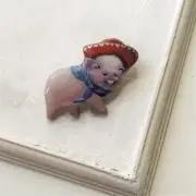Wood PIN Wooden mini pig BROOCH Folk ART Hand made Craft