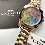 COACH手錶,編號CH00199,34MM金色圓形精鋼錶殼,彩虹中三針顯示, 滿天星錶面,金色精鋼錶帶款
