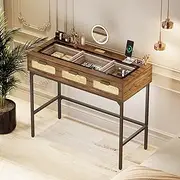 Dystler Makeup Vanity Desk with Lights - Vanity Table with Glass Top Design & Charging Station, Vintage Makeup Desk with Rattan Drawers, Rustic Brown Dressing Table for Bedroom Office