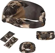 FJWSLCH Animal Pug Dog Headbands for Women Men Non Slip Workout Sweatbands Adjustable Sports Hair Bands Elastic Head Bands Moisture Wicking Hairband for Running, Cycling, Yoga, Spa