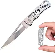 PISAU Small Stainless Steel Camping Folding Knife with Carbinner for Emergceny, Fishing and Camping (Silver)