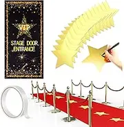 Red Carpet Party Runner VIP Stage Door Entrance Cover Party Accessory 24 Pieces 8 Inch Gold Star Paper Cutouts 2.6 x 15 ft Red Runner 55gsm Thickness with Carpet Tape for Party Decoration Supplies