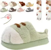 [VFUX] Cute Cat Paw Slippers for Women, 3D Fluffy Cat Paw Slipper, Cozy Furry Warm Winter Kitty Paw Shoes for House Indoor Outdoor