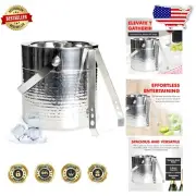 Elegant 3 Quart Hammered Stainless Steel Ice Bucket with Tongs for Entertaining