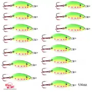 15pcs Green Yellow Fish WOW! 1/4oz Fishing Spoons Treble Red Hook Duo Lock Snap
