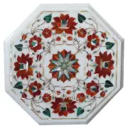 White Marble Coffee Table Top Floral Design Inlay Work Corner Side Table for Bar