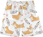 [Joisal] Cute Corgi Beach Shorts Quick Dry Boys Beach Shorts Drawstring Elastic Waist
